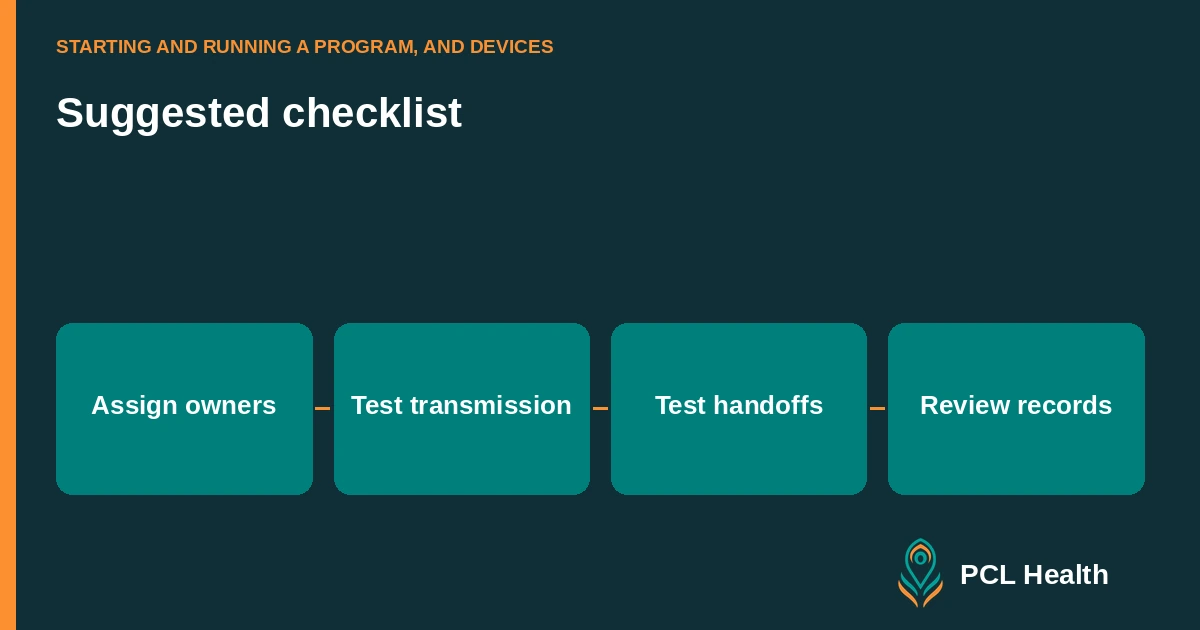 Suggested checklist: Assign owners, Test transmission, Test handoffs, Review records